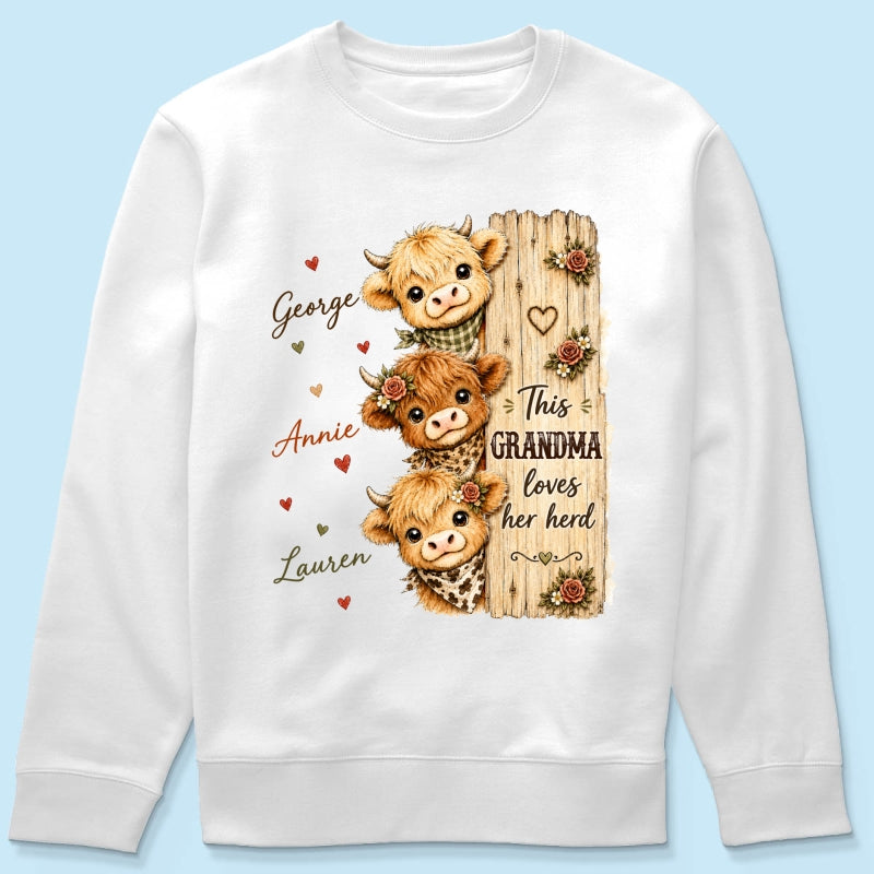 This Grandma Loves Her Herd Highland Cow - Personalized Shirt - Cozy Fall Shirt for Grandma