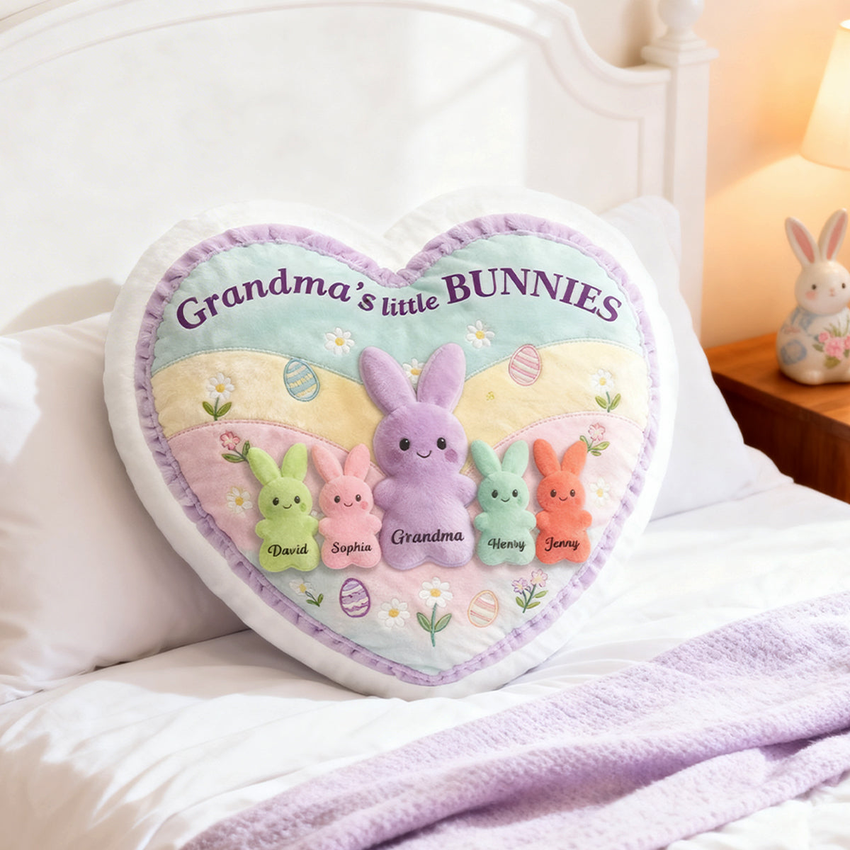 Grandma and Grandkids Bunnies - Personalized Faux Fur Pillow - Easter Decor Gift for Grandma, Mom