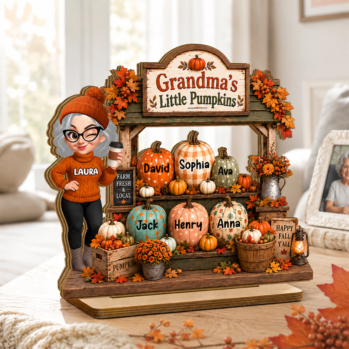 Rustic Fall Shelf Sitter Grandma - Personalized 2-Layered Wooden Plaque - Fall Season Decor Gift, Gift For Grandma