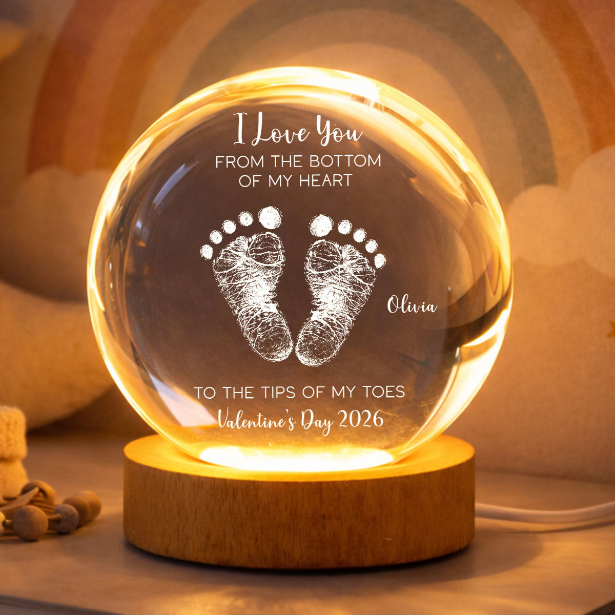 Valentine Kids Footprint Sign - Personalized Crystal Ball LED Night Light - Anniversary, Valentine's Day Gift, Gift For Him, Gift For Her