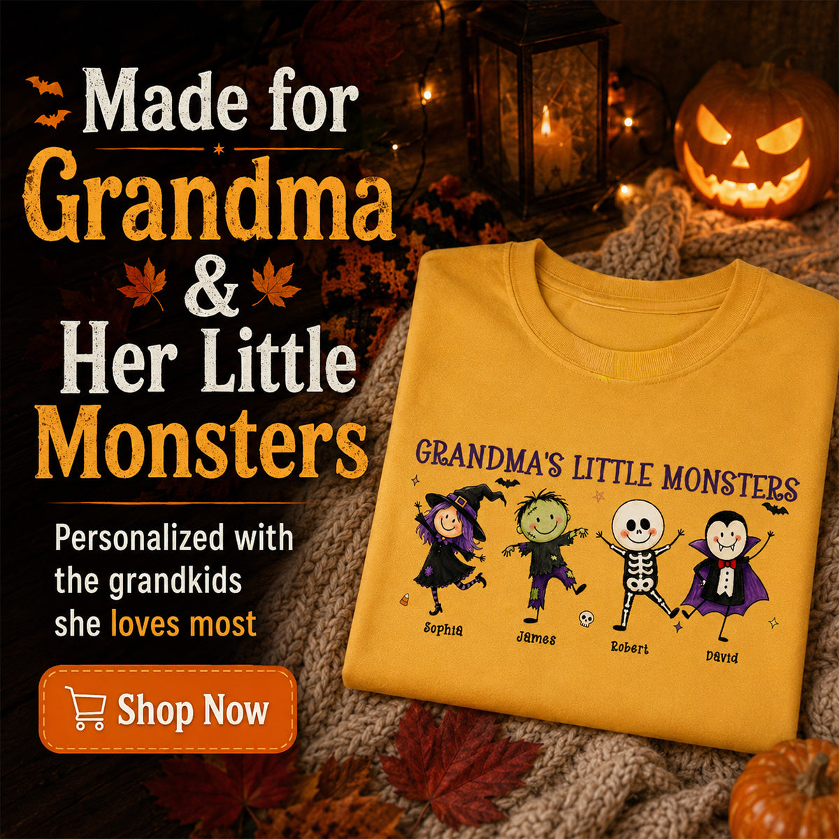 Grandma's Little Monsters Cute Doodle Characters - Personalized Shirt - Halloween Costume For Mom Grandma