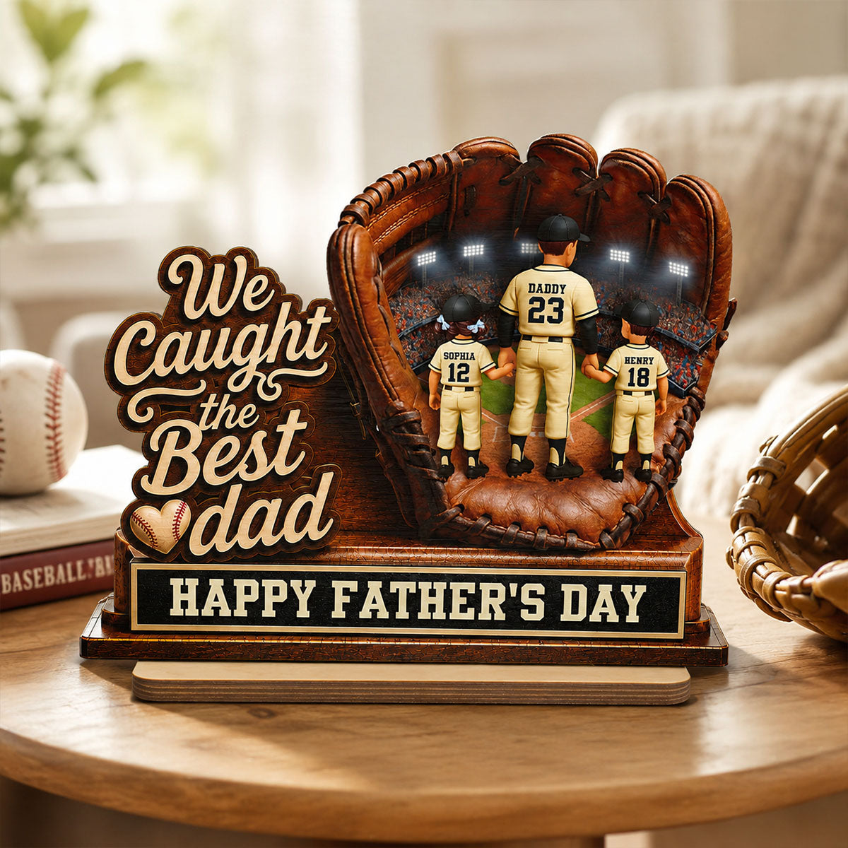 We Caught The Best Dad Dad & Kids In Glove - Personalized 2-Layered Wooden Plaque - Happy  For Baseball Dad