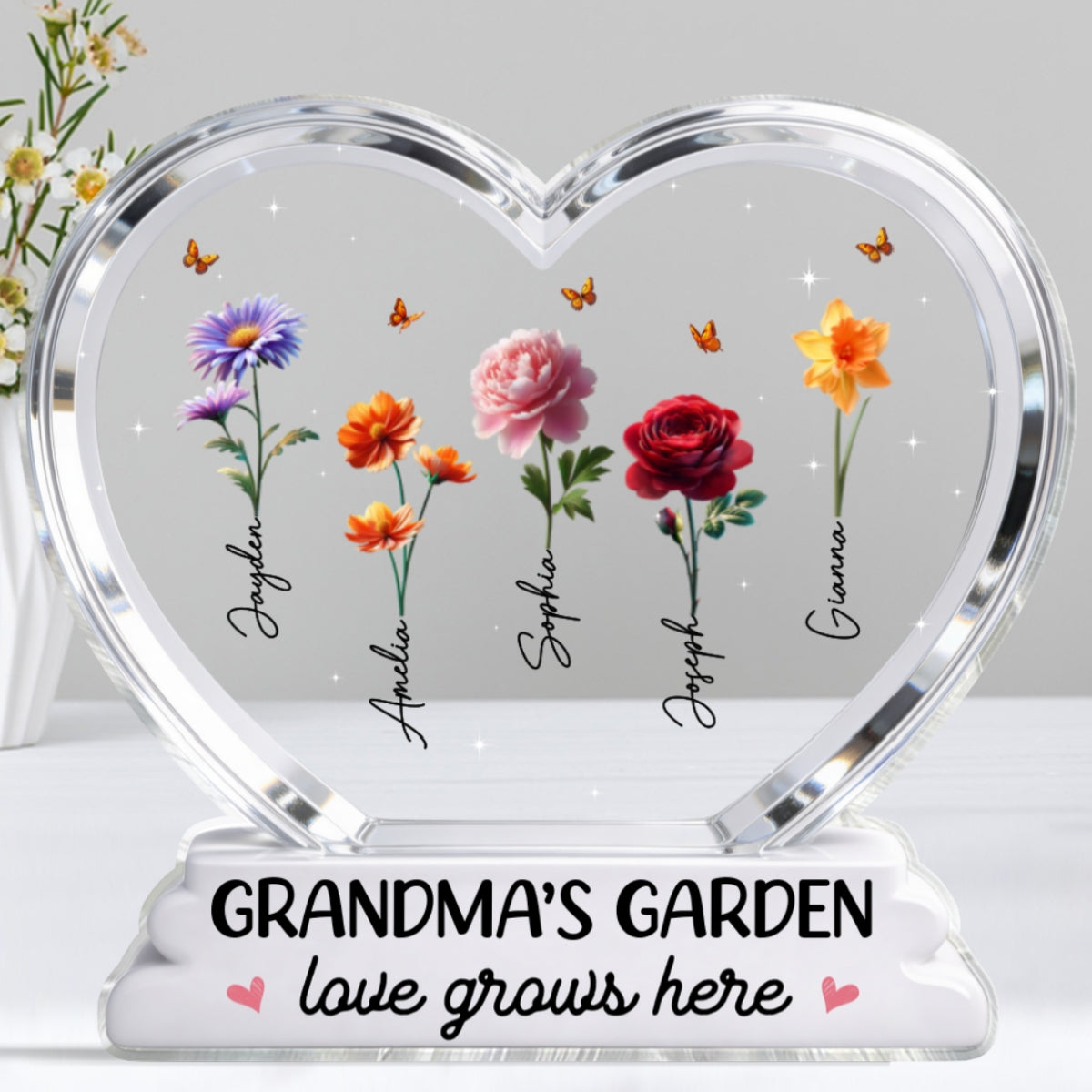 Grandma's Garden Birth Month Flowers In Heart 2D Flat - Personalized Acrylic Block Plaque - Gift For Grandma
