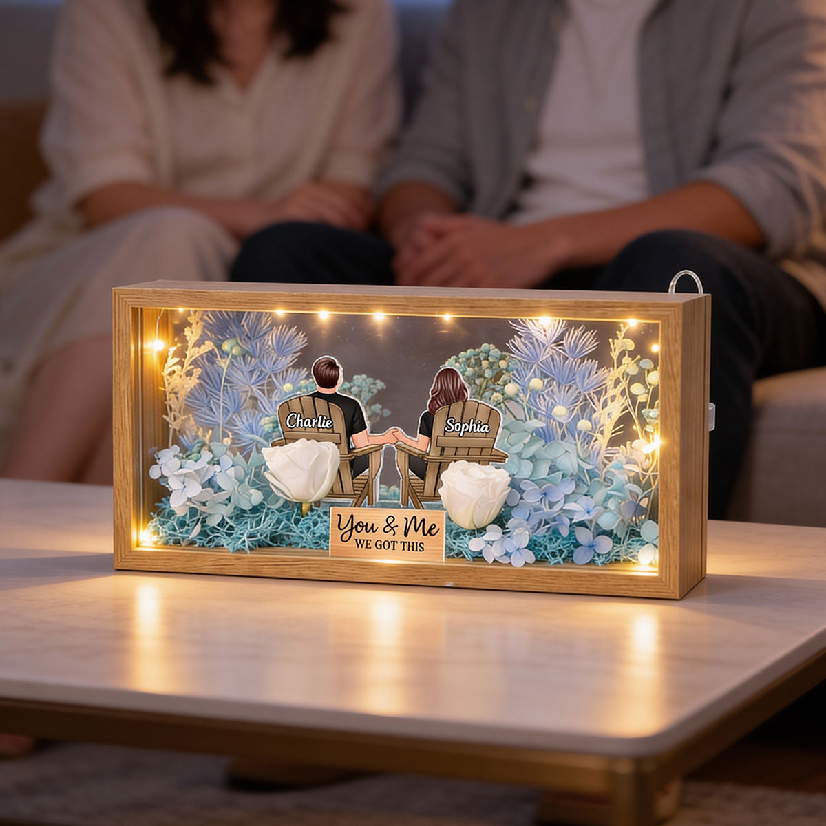 Eternal Love Back View Couple Sitting - Personalized DIY Flower Shadow Box LED Night Light - Gift For Couple, For Him, For Her