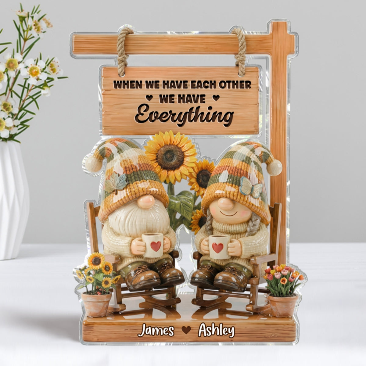 3D Effect Gnome Couple Sitting On Rocking Chair - Personalized Acrylic Block Plaque - Anniversary, Valentine's Day Gift For Him, Gift For Her