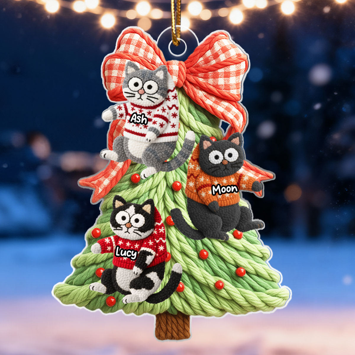 Cat Hanging on Christmas Tree Latch Hook Yarn Faux - Personalized Acrylic Ornament - Christmas Gift for Cat Lovers