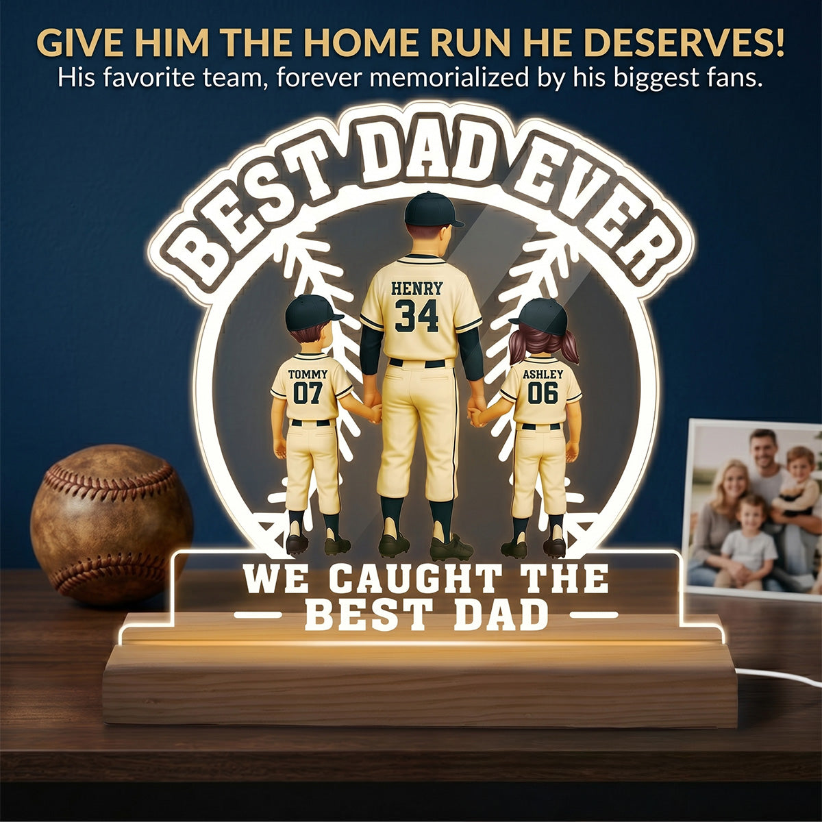 We Caught The Best Dad Baseball Dad & Kids - Personalized Acrylic Plaque LED Night Light