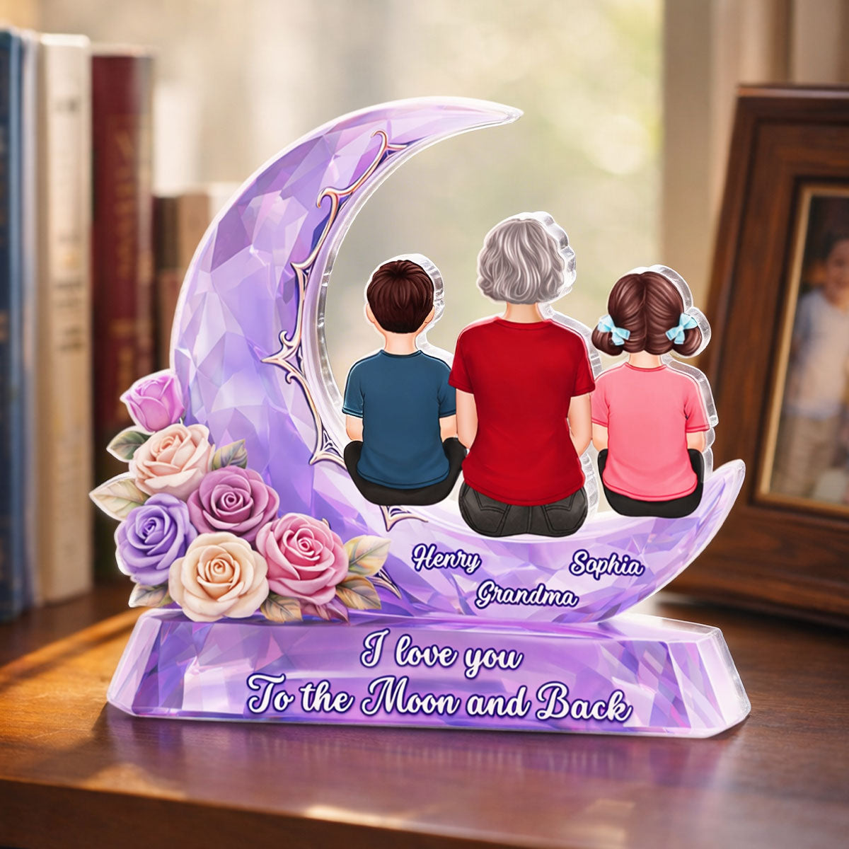 Grandma Grandkids Rose Moon I Love You To The Moon - Personalized Acrylic Block Plaque - Heartfelt Gift For Mom, Grandma