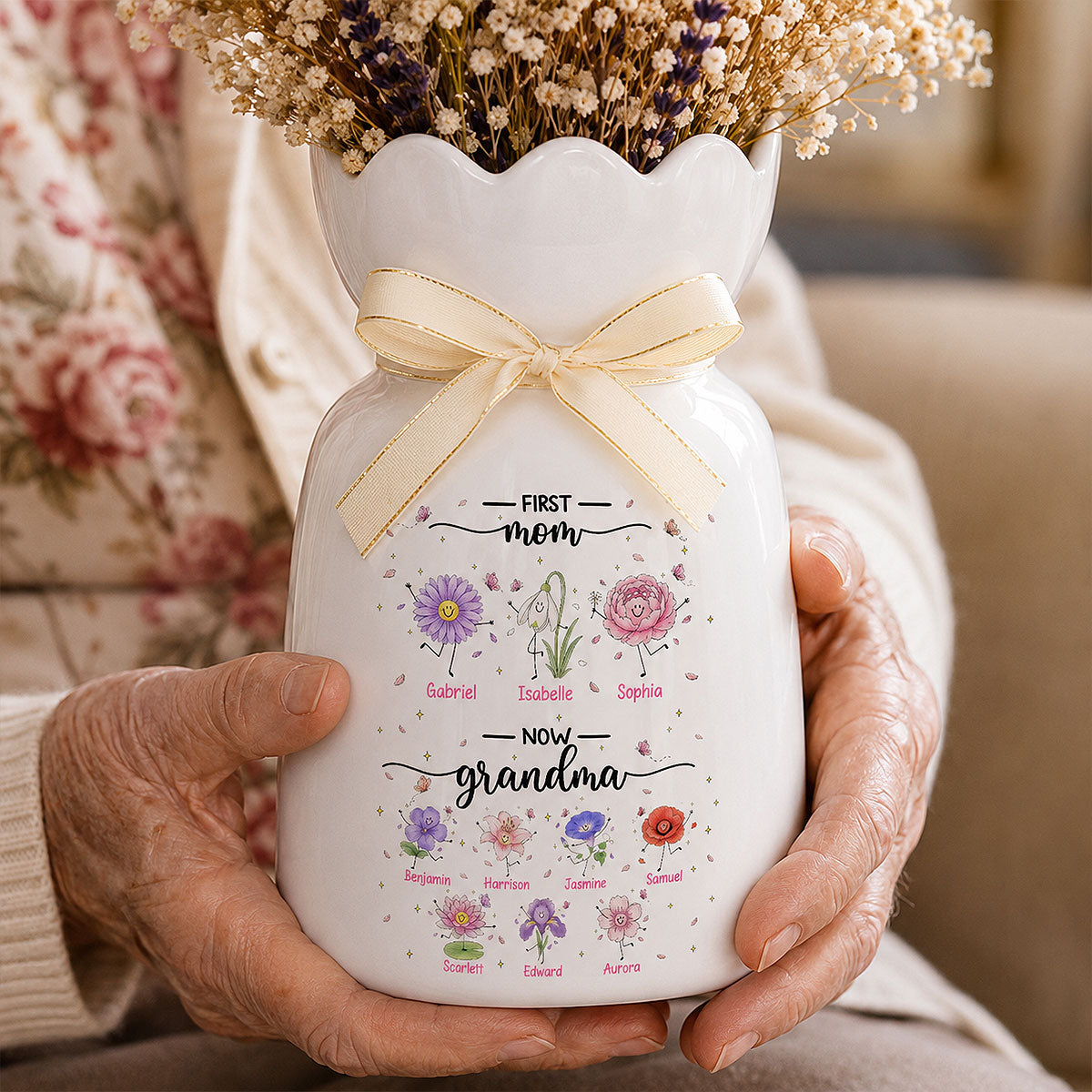 First Mom Now Grandma Doodle Birth Flowers - Personalized Ceramic Flower Vase - Gift For Grandma, Mom