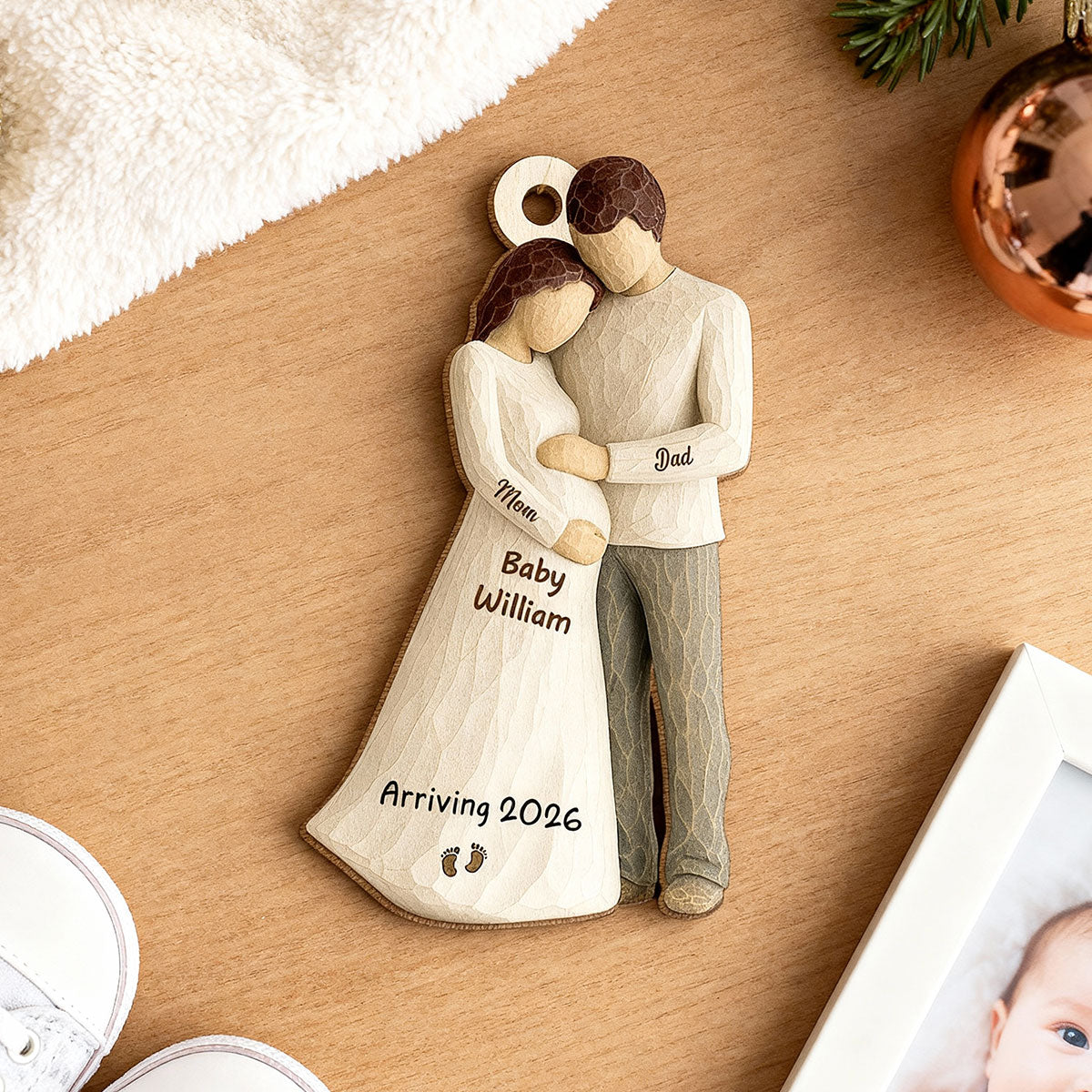 3D Effect Baby Arriving - Personalized Wooden Ornament - Couple Expecting, Pregnancy Keepsake
