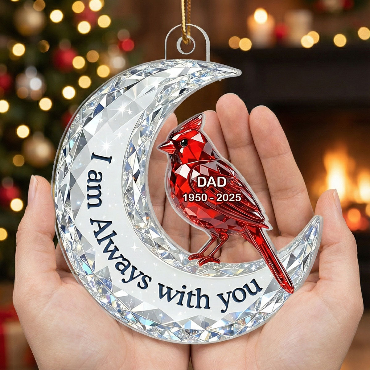3D Effect Flat Christmas Cardinal On Moon Memorial - Personalized Acrylic Ornament - Remembrance Gift, Sympathy Gift