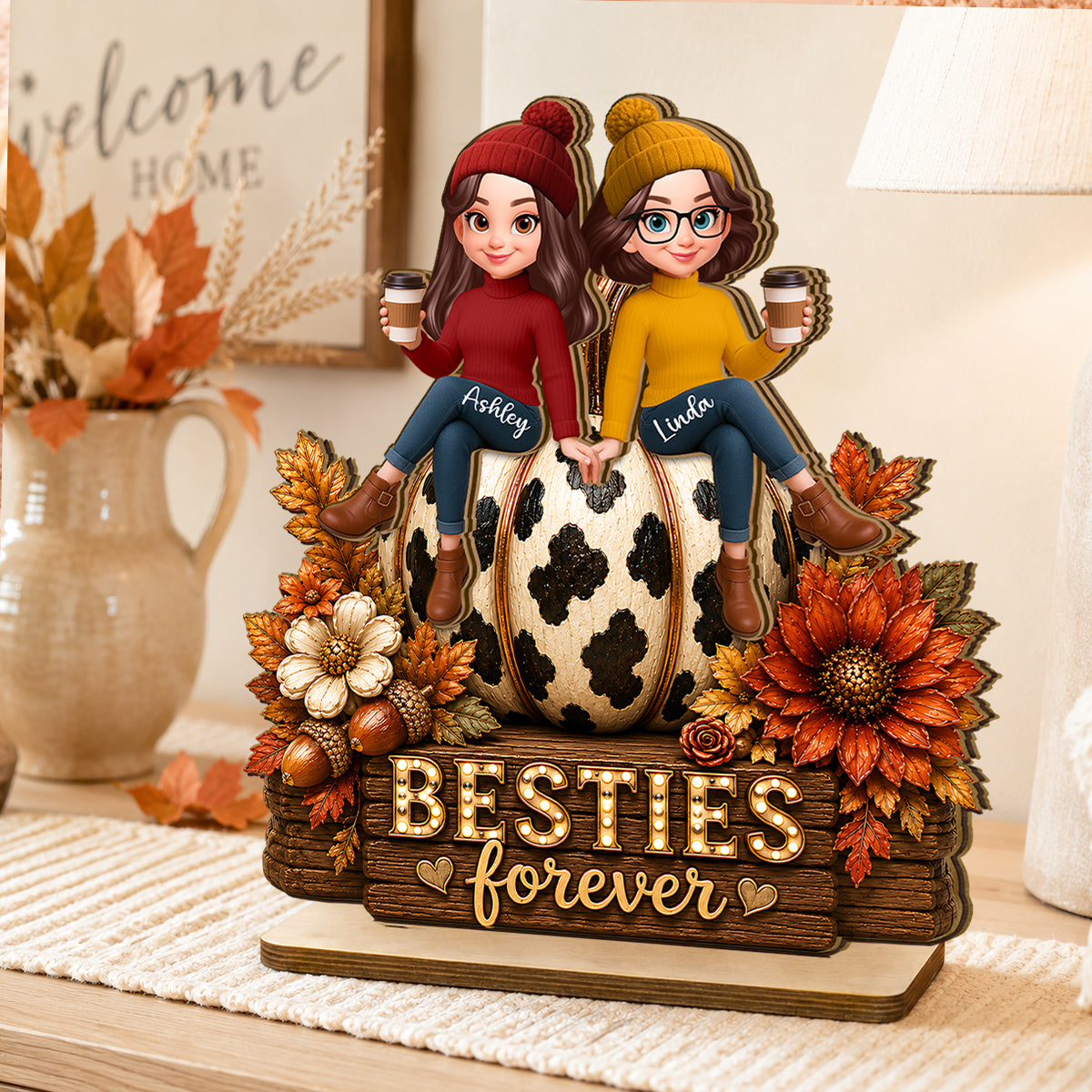 Besties Forever Pumpkin Western Fall Vibe - Personalized 2-Layered Wooden Plaque - Fall Decor for Best Friends