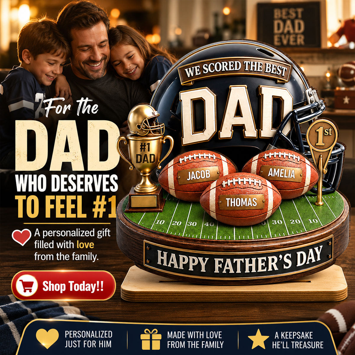 We Scored The Best Dad American Football Trophy - Personalized 2-Layered Wooden Plaque - Heartfelt Gift For Football Dad, Gift For Husband