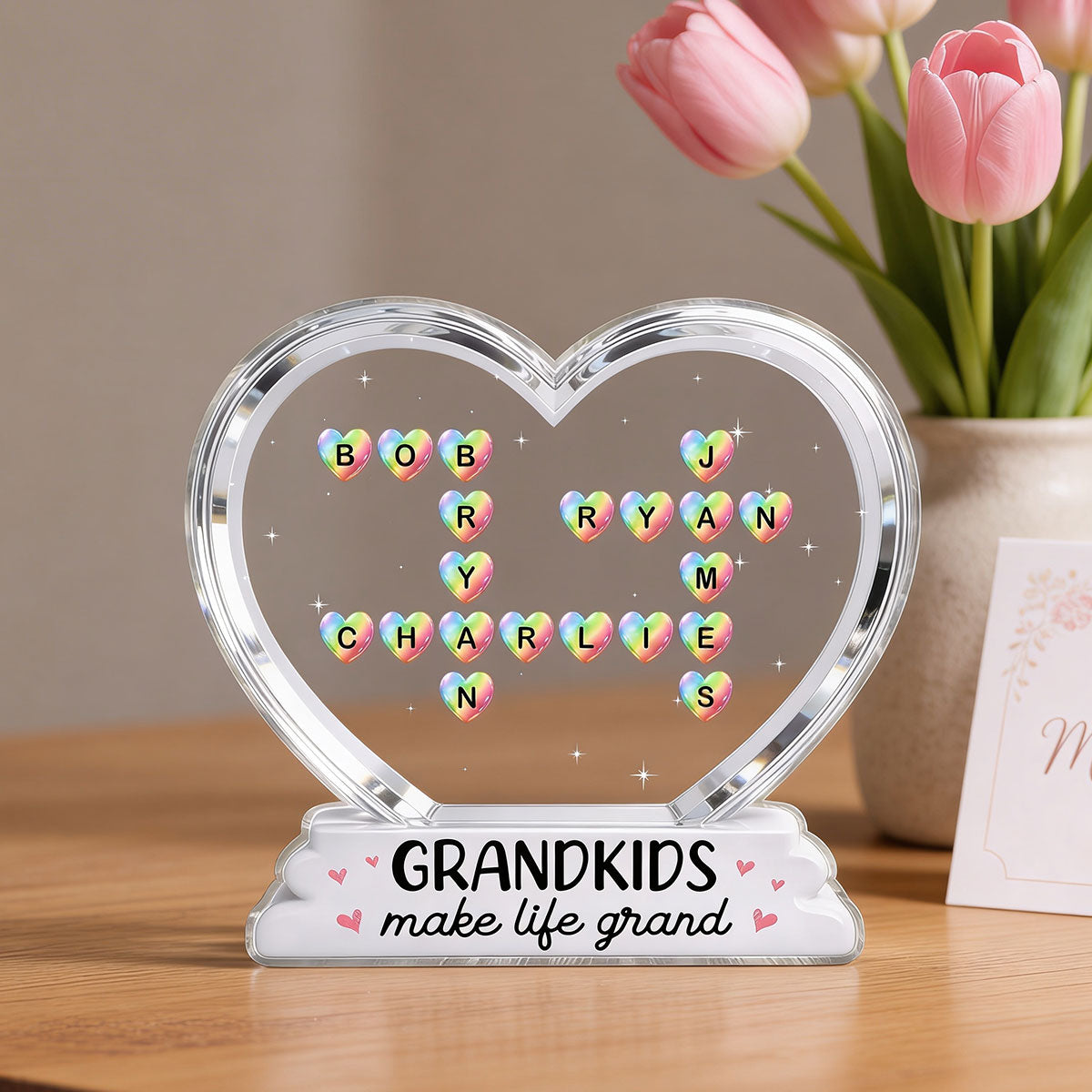 Grandkids Make Life Grand Crossword Puzzle Art Colorful Hearts 2D Flat - Personalized Acrylic Block Plaque - Gift For Grandma