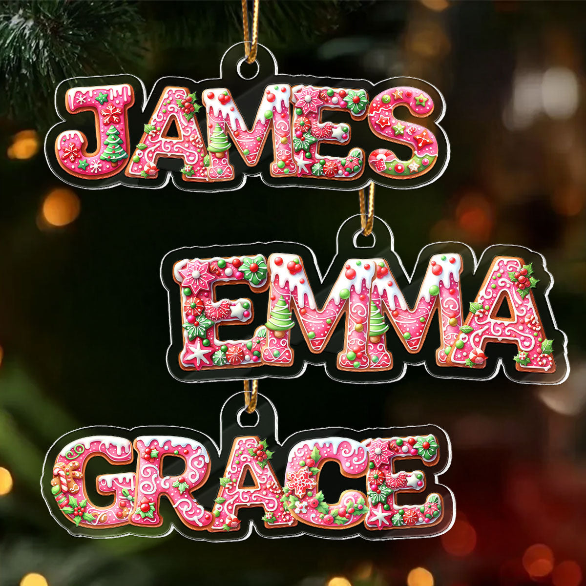 Pink Gingerbread Alphabet Custom Name - Personalized Acrylic Ornament - Christmas Tree Decor