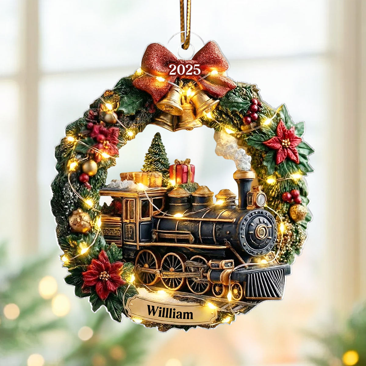 Christmas Train Family Keepsake Wreath - Personalized Acrylic Ornament - Christmas Gift For Kid, Family