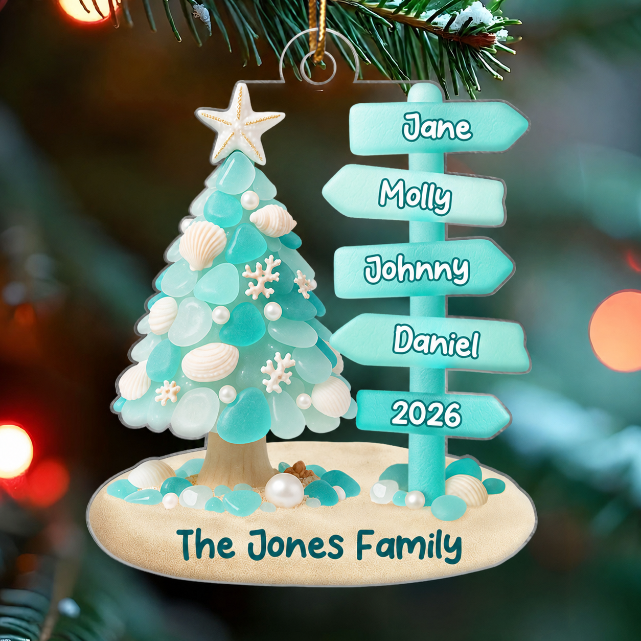 Family Direction Sign Post Sea Glass Pattern - Personalized Acrylic ornament - Christmas Gift for Family, for Her, for Him