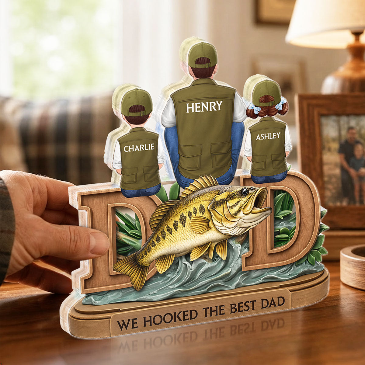 Fishing Dad And Kids Sitting Together - Personalized Acrylic Block Plaque - Heartfelt Gift For Fishing Dad, Husband