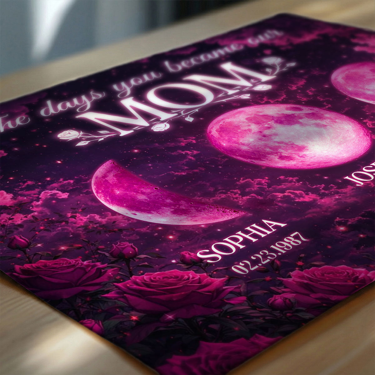 Pink Roses The Day You Became Mom Grandma Custom Birth Moon Phase - Personalized Poster - Mother's Day Gift For Mom, Grandma
