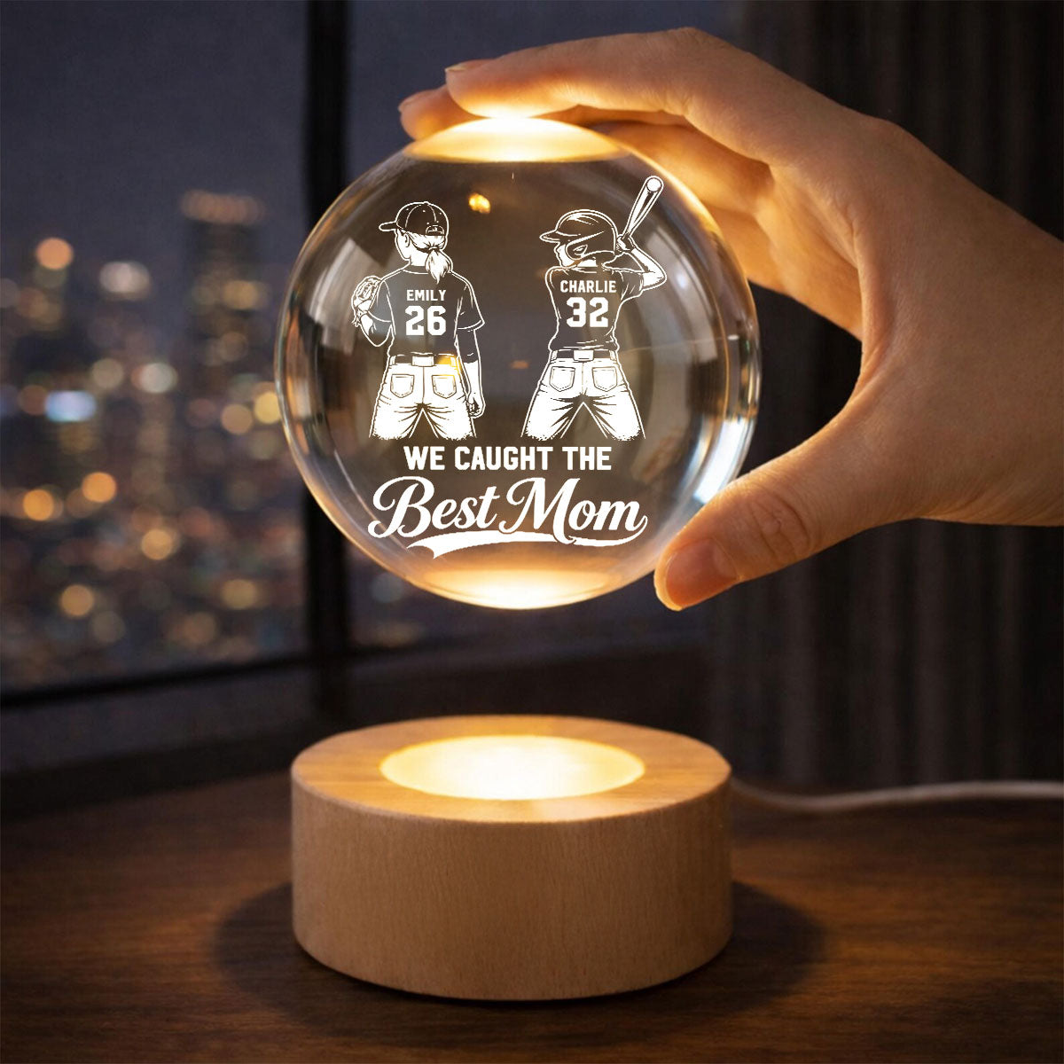 Baseball Players We Caught The Best Mom - Personalized Crystal Ball LED Night Light - Mother's Day Gift For Baseball Mom, Wife