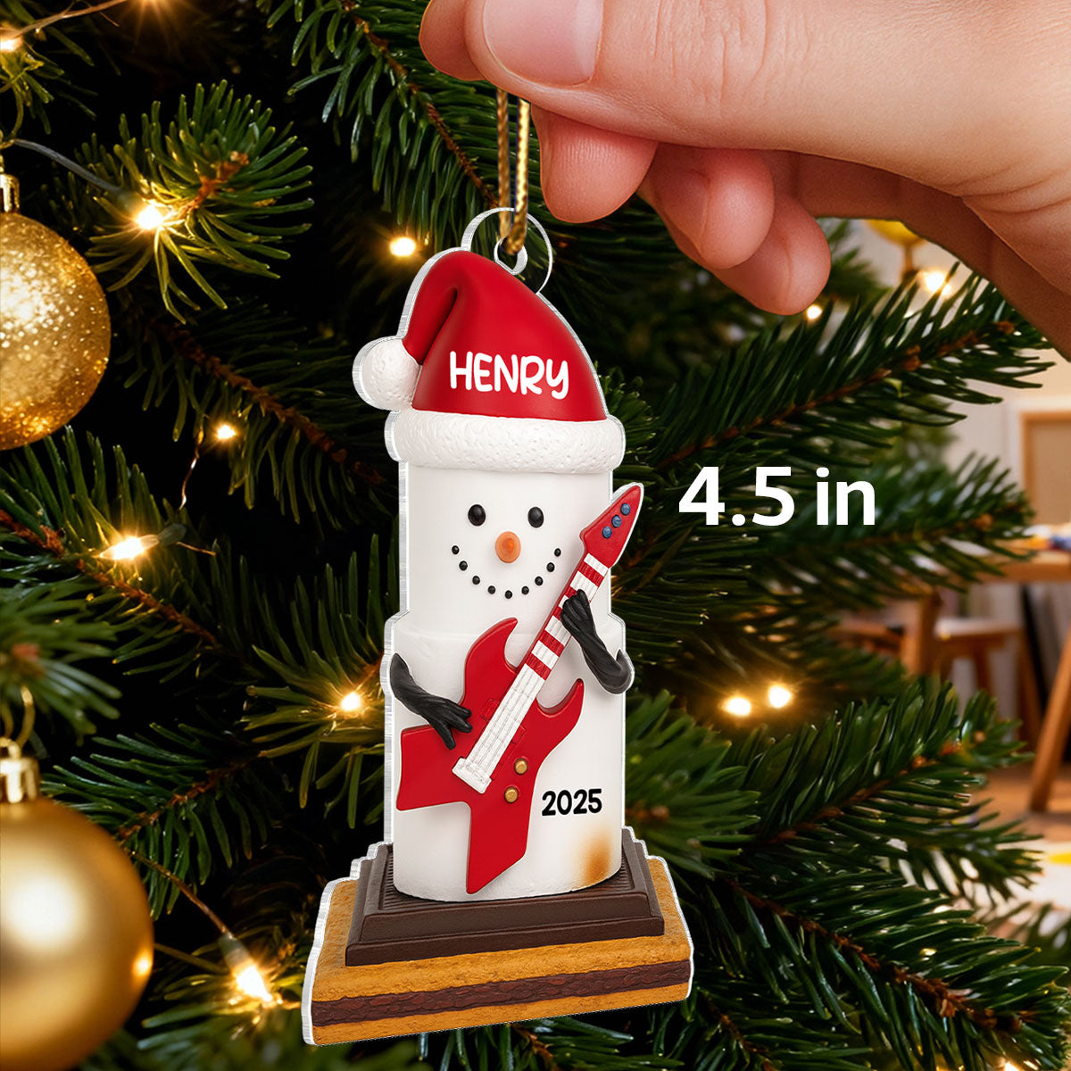 Snow Man Playing Guitar On Chocolate and Cracker - Personalized Acrylic Ornament-  Gift for Guitar Lovers