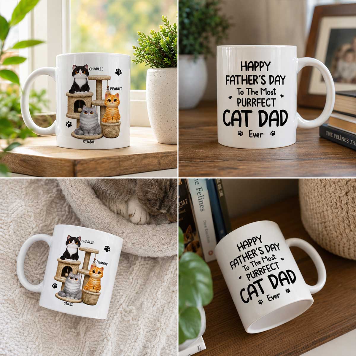 Happy Father's Day To The Most Purrfect Cat Dad Cute Cats On Cat Tree - Personalized Mug - Father's Day Gift For Cat Dad