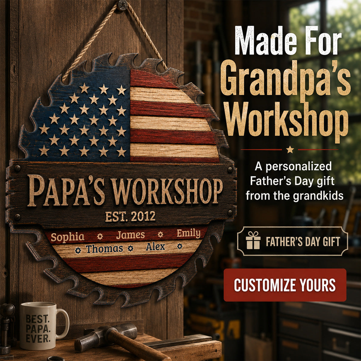 Dad Grandpa Workshop Nation Flag Theme - Personalized Wooden Garage Sign - Father's Day Gift For Patriotic Mechanic Dad, Grandpa