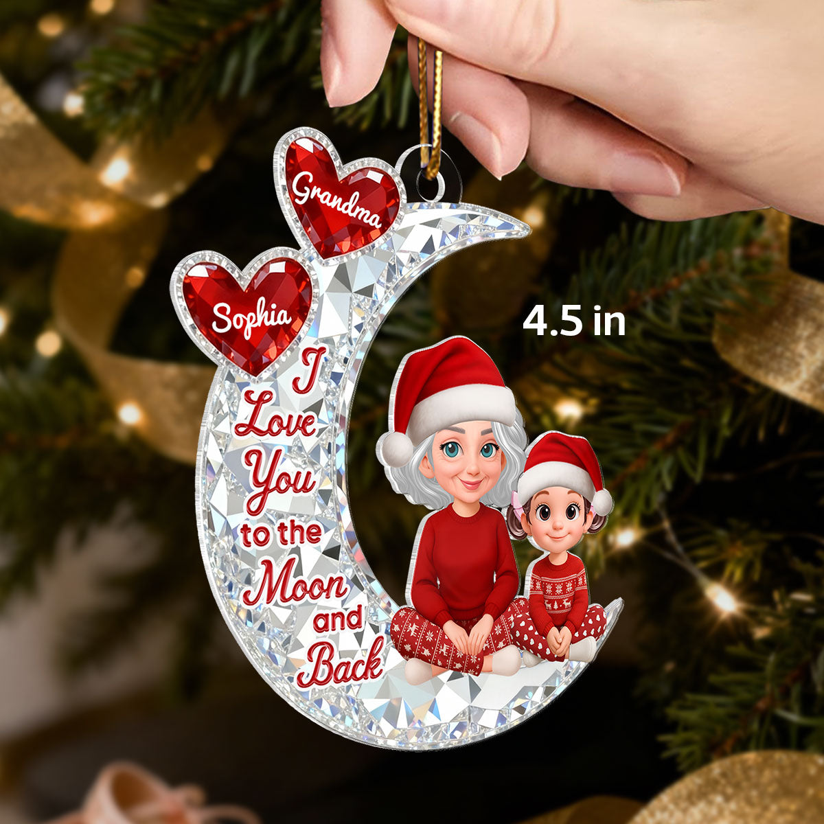 3D Effect Flat Grandma Grandkid On Moon - Personalized Acrylic Ornament - Gift For All Grandkids
