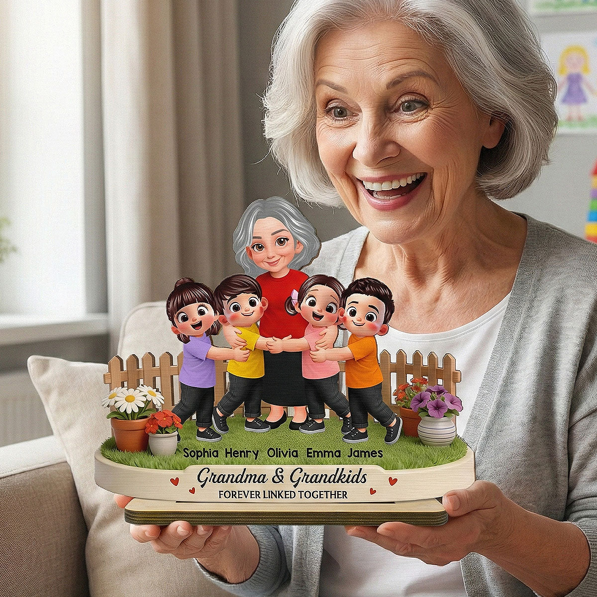 Grandma And Grandkids Happy Together In Backyard - Personalized 2-Layered Wooden Plaque - Gift For Grandma