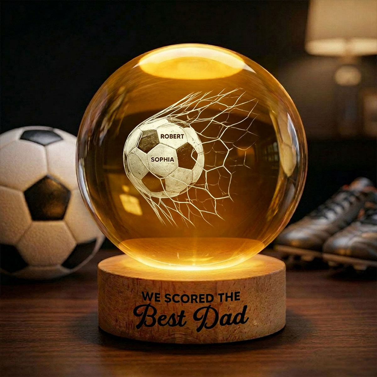 We Scored The Best Dad - Personalized Crystal Ball LED Night Light -  Gift For Soccer Dad