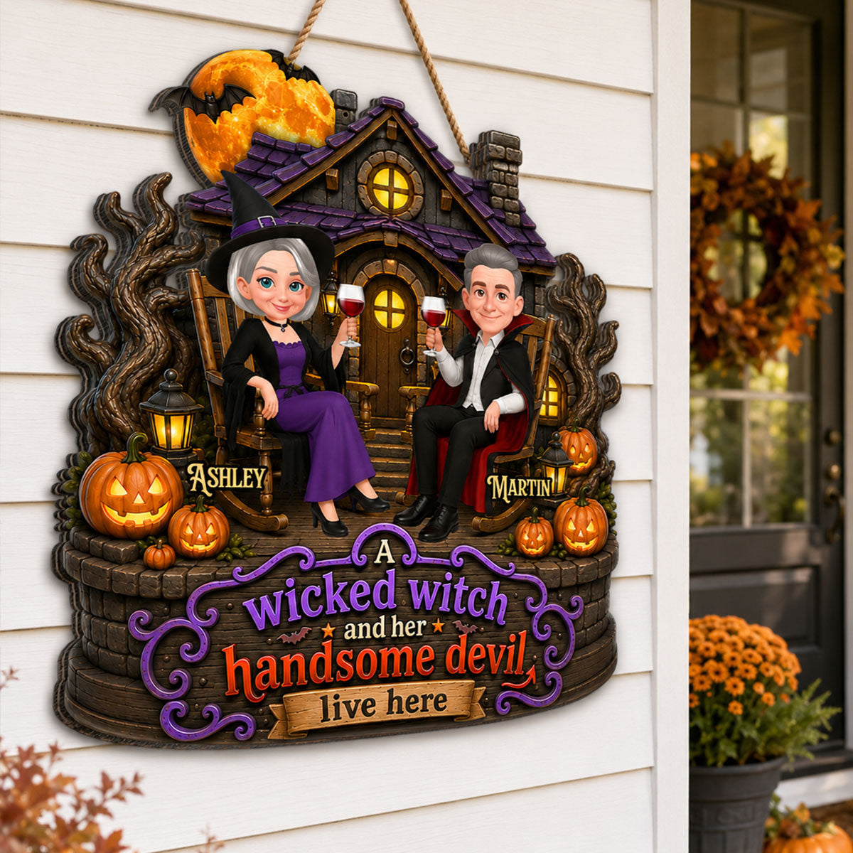 Halloween Haunted House Couple Wicked Witch Handsome Devil Live Here - Personalized Wood Sign - Halloween Decoration For Couple