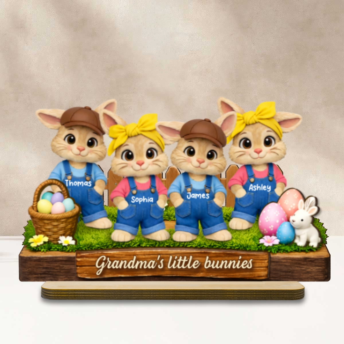 Grandma's Little Bunnies - Personalized 2-Layered Wooden Plaque - Easter Gift for Grandma, Farmhouse Tiered Tray Decor