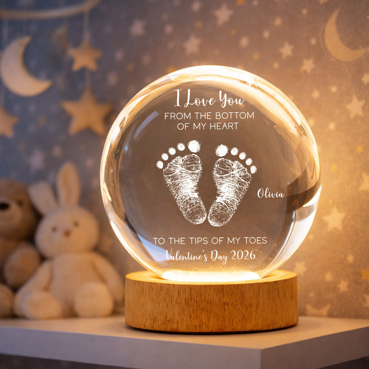 Valentine Kids Footprint Sign - Personalized Crystal Ball LED Night Light - Anniversary, Valentine's Day Gift, Gift For Him, Gift For Her