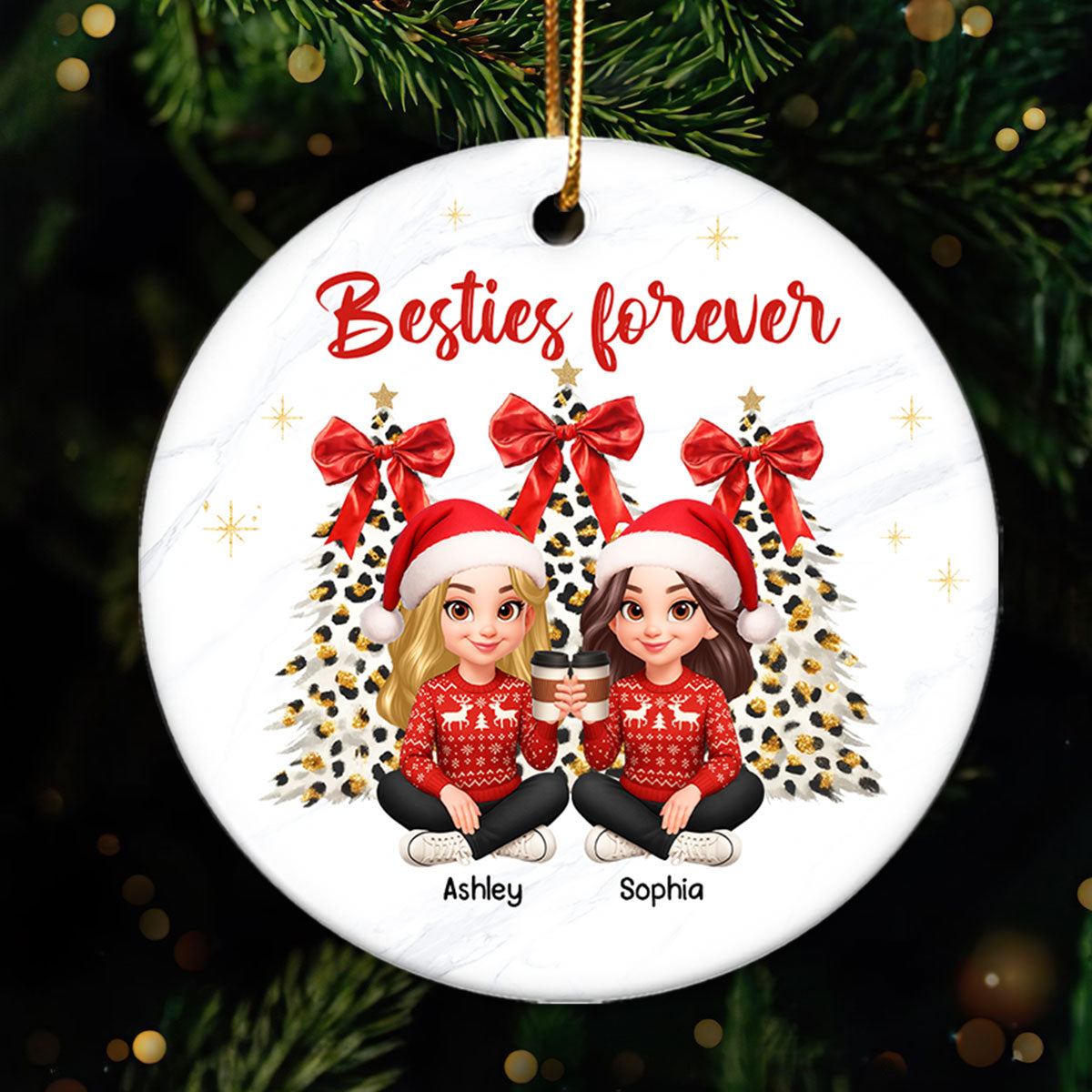 Besties Forever Leopard Coquette Christmas Tree - Personalized Ceramic Ornament