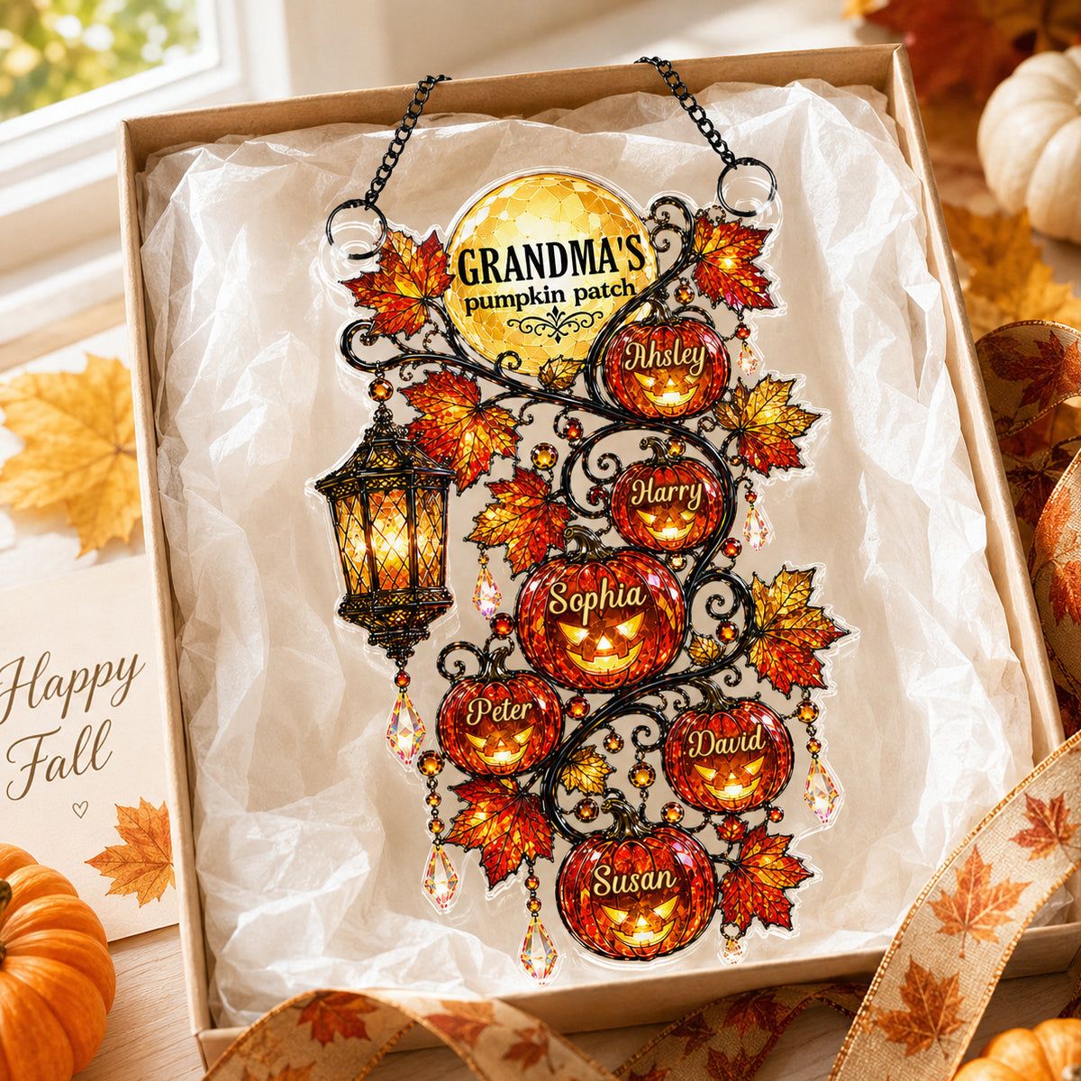 Grandma's Pumpkin Patch - Personalized Acrylic Suncatcher - Halloween Fall Decor for Grandma