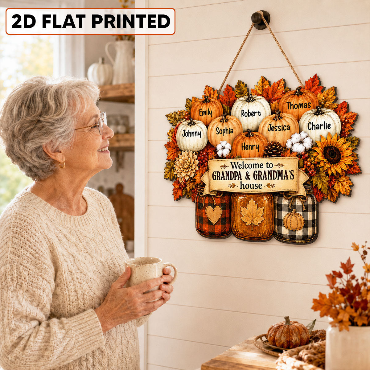 Cozy Warm Fall Season Mason Jars Pumpkins Welcome To Grandma Grandpa House - Personalized Wood Sign - Fall Decor For Grandparents (Up to 20 Grandkids)