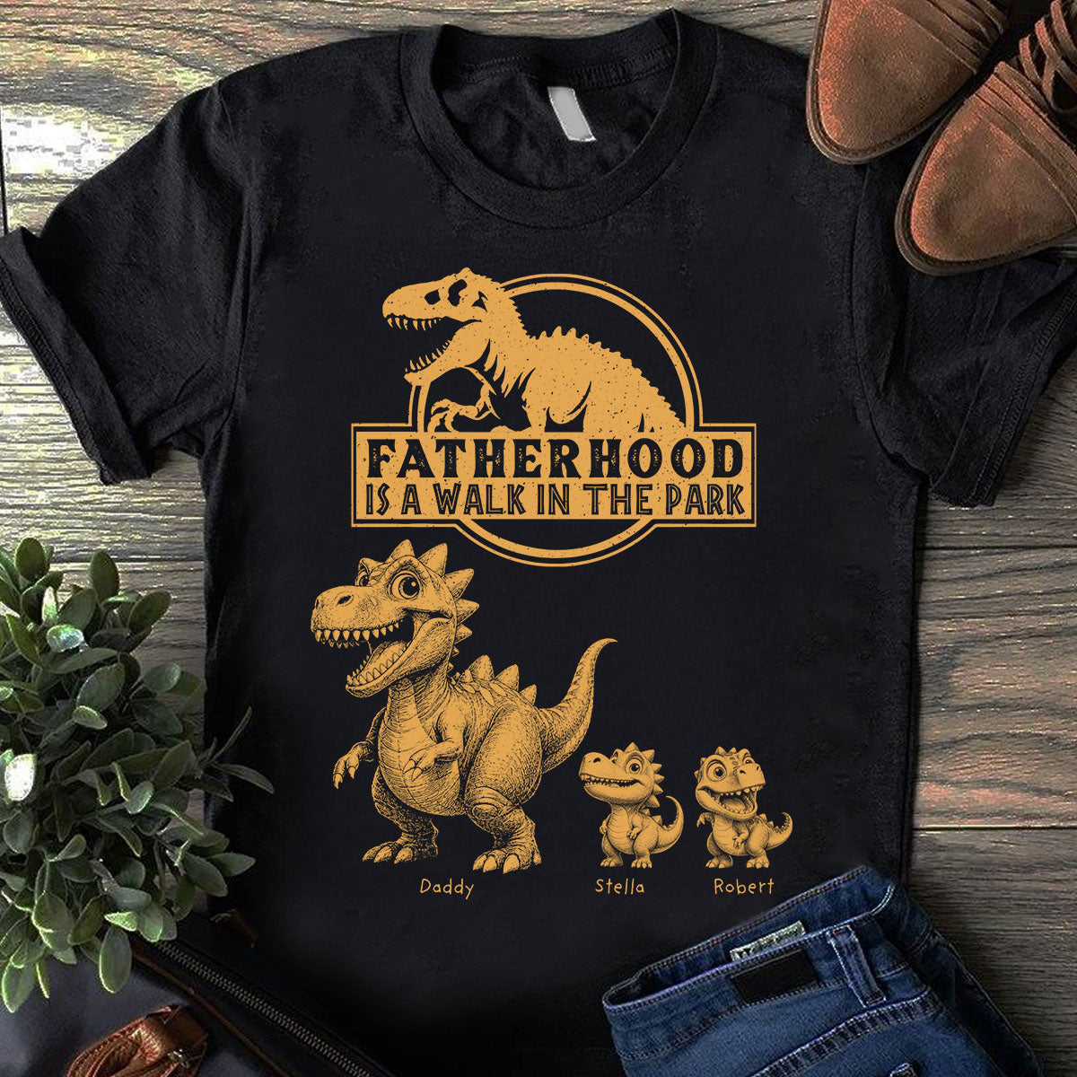 Retro Yellow Vintage Fatherhood Is A Walk In The Park Dinosaurs - Personalized Shirt - Funny Father's Day Gift For Dad, Husband