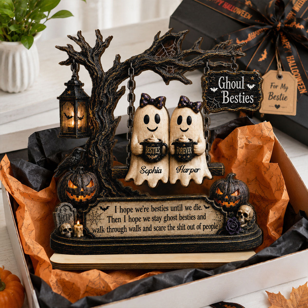 Ghost Besties On Swing Friends Until We Die 2D Flat - Personalized 2-Layered Wooden Plaque - Funny Work Bestie Gift, Halloween Keepsake For Best Friends