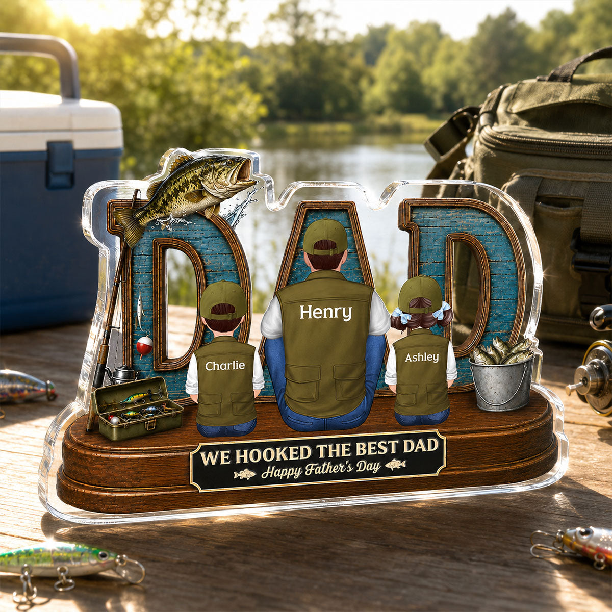 Fishing Dad And Kids We Hooked The Best Dad - Personalized Acrylic Block Plaque -  Gift For Dad, Husband