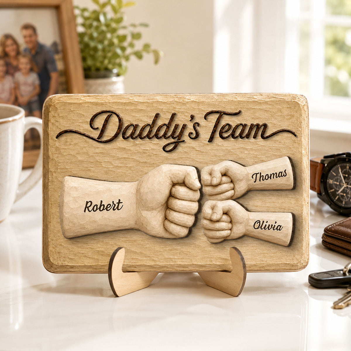Sentimental Rustic Daddy's Team Fist Bump - Personalized 2-Layered Wooden Plaque -  Gift For Dad, Husband