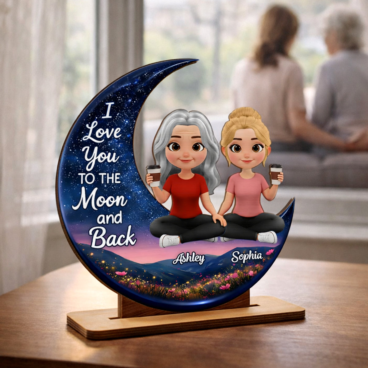 I Love You To The Moon And Back Mom Daughters - Personalized 2-Layered Wooden Plaque - Heartfelt Gift For Mom, Grandma