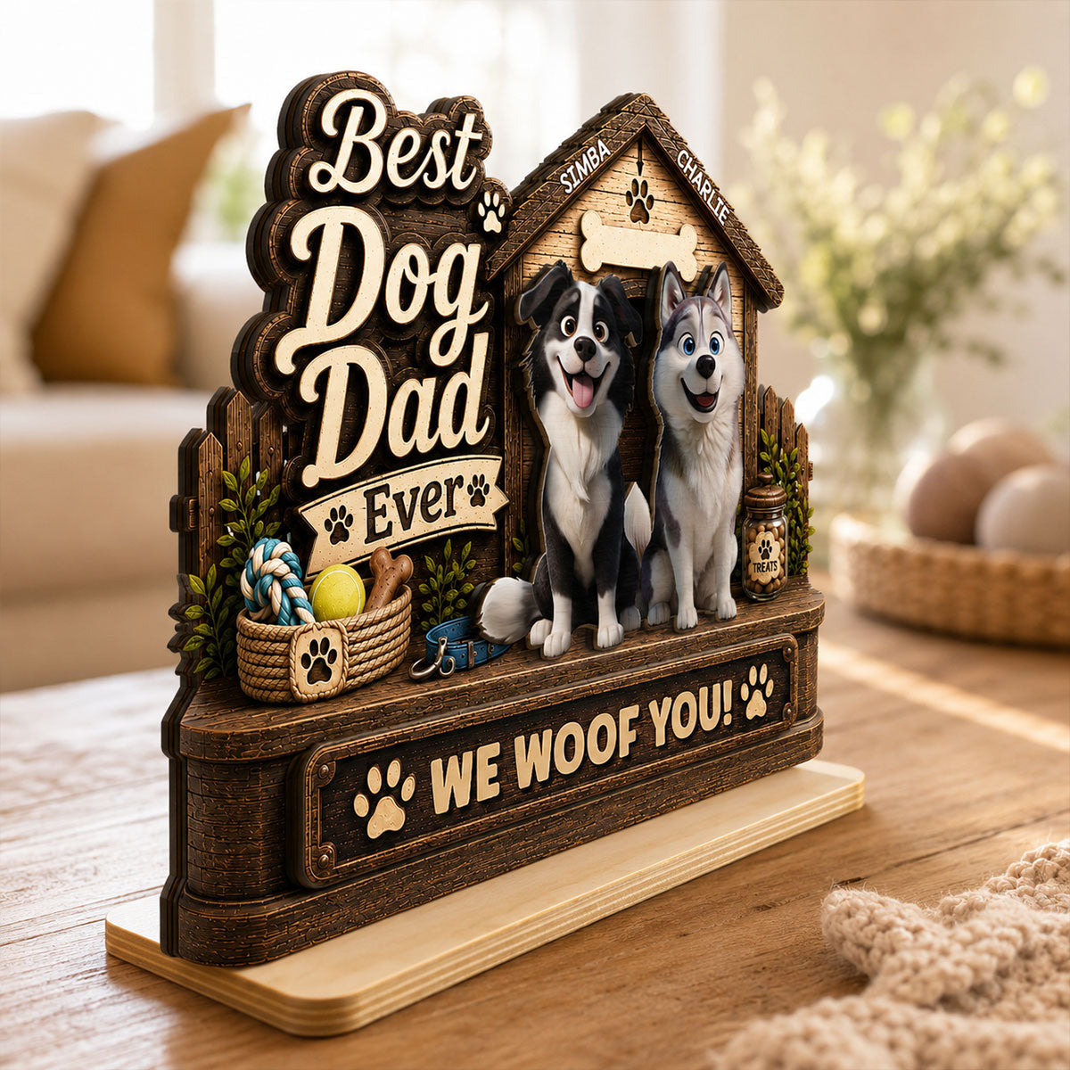 Best Dog Dad Ever Cute Dogs 2D Flat - Personalized 2-Layered Wooden Plaque -  Gift For Dog Dad