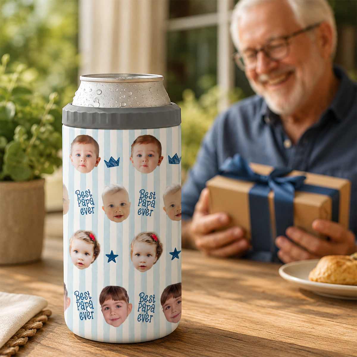Custom Photo Stripe Theme - Personalized 4-In-1 Can Cooler - Father's Day Gift For Dad, Grandpa