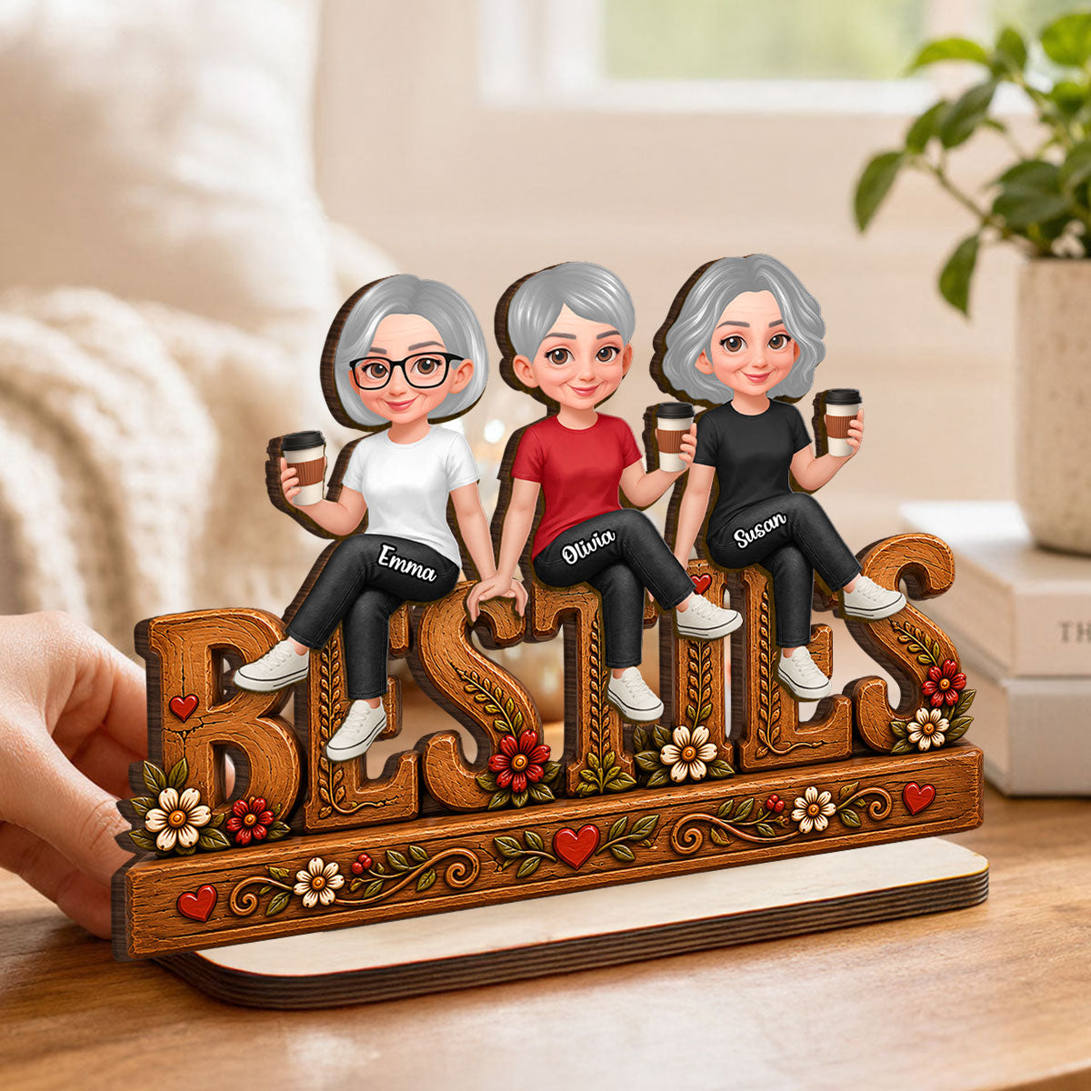 Floral Besties Forever Friends Forever - Personalized 2-Layered Wooden Plaque - Birthday Gift, Keepsake, Gift For Best Friends