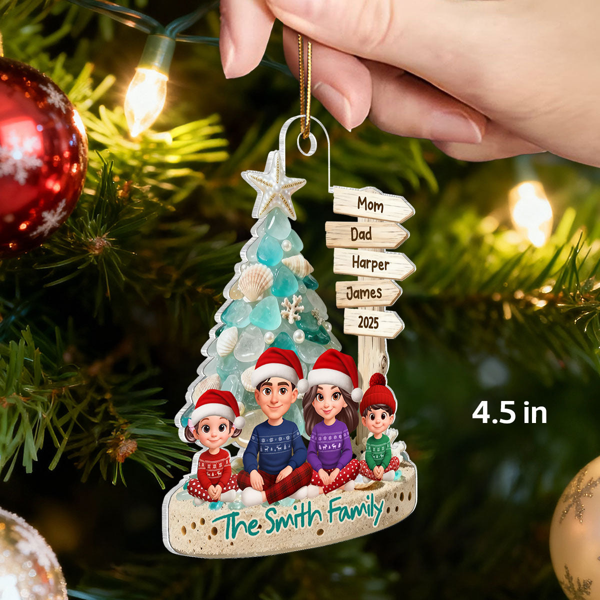 3D Sea Glass Effect Christmas Tree Sign Posts Family Together - Personalized Acrylic Ornament - Coastal Vibe Christmas Gift