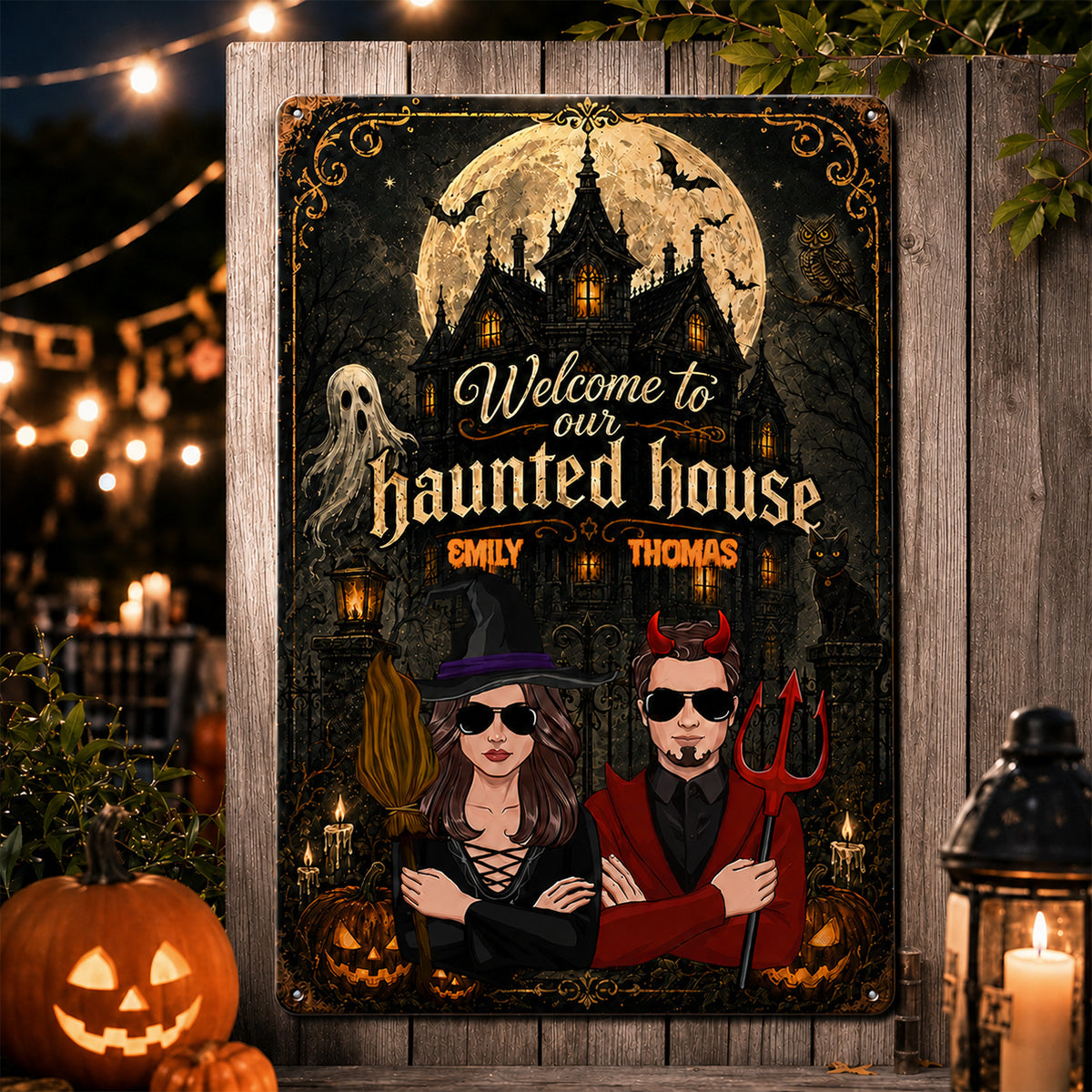 Welcome to Our Haunted House - Personalized Metal Sign - Halloween Decor for Couples