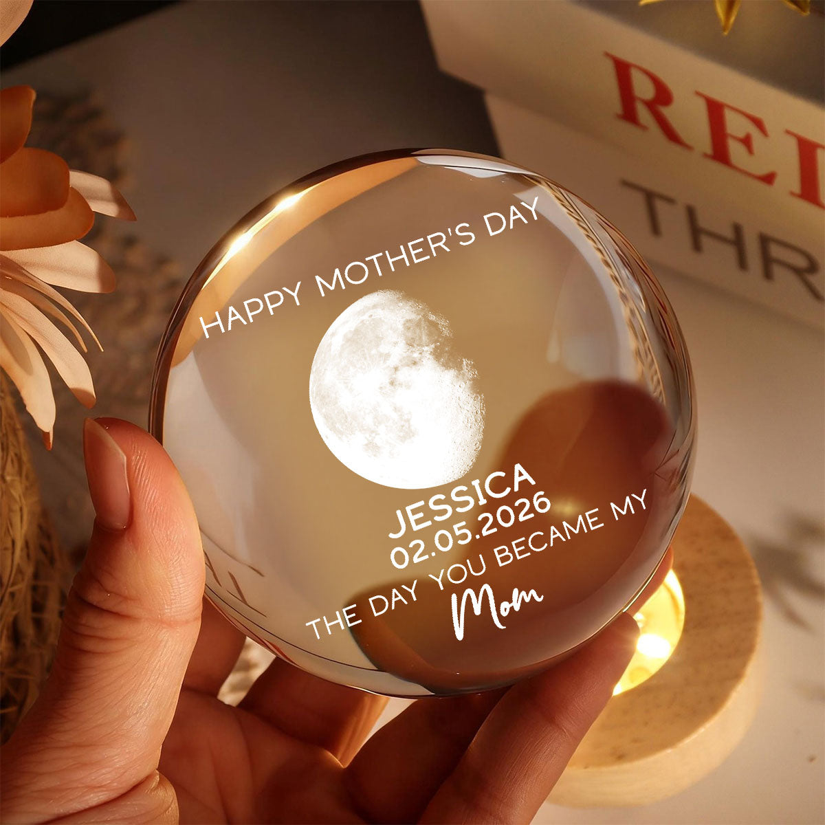 The Days You Became Our Mom Custom Moon Phase - Personalized Crystal Ball LED Night Light - Mother's Day Gift For Mom