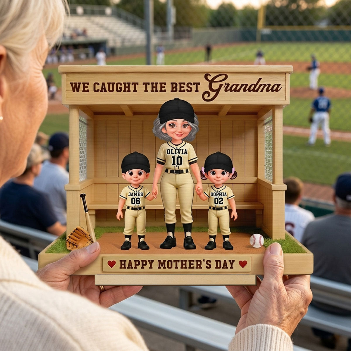 We Caught The Best Grandma Baseball Dugout - Personalized 2-Layered Wooden Plaque - Mother's Day Gift For Baseball Grandma, Mom