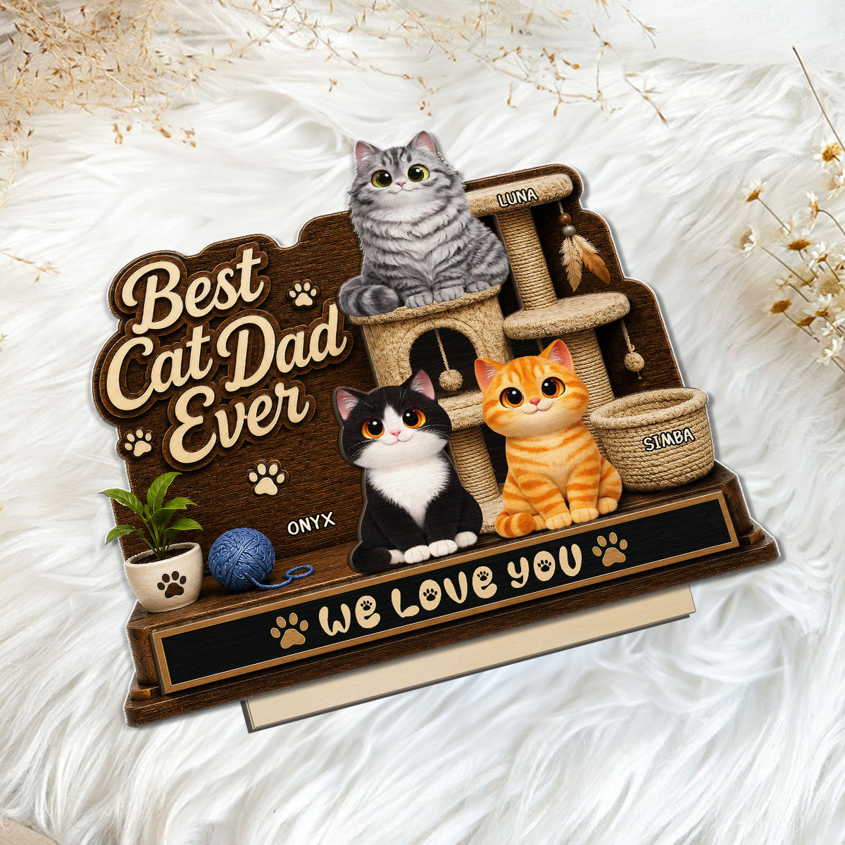 Best Cat Dad Ever Cute Cats On Cat Tree 2D Flat - Personalized 2-Layered Wooden Plaque -  Gift For Cat Dad
