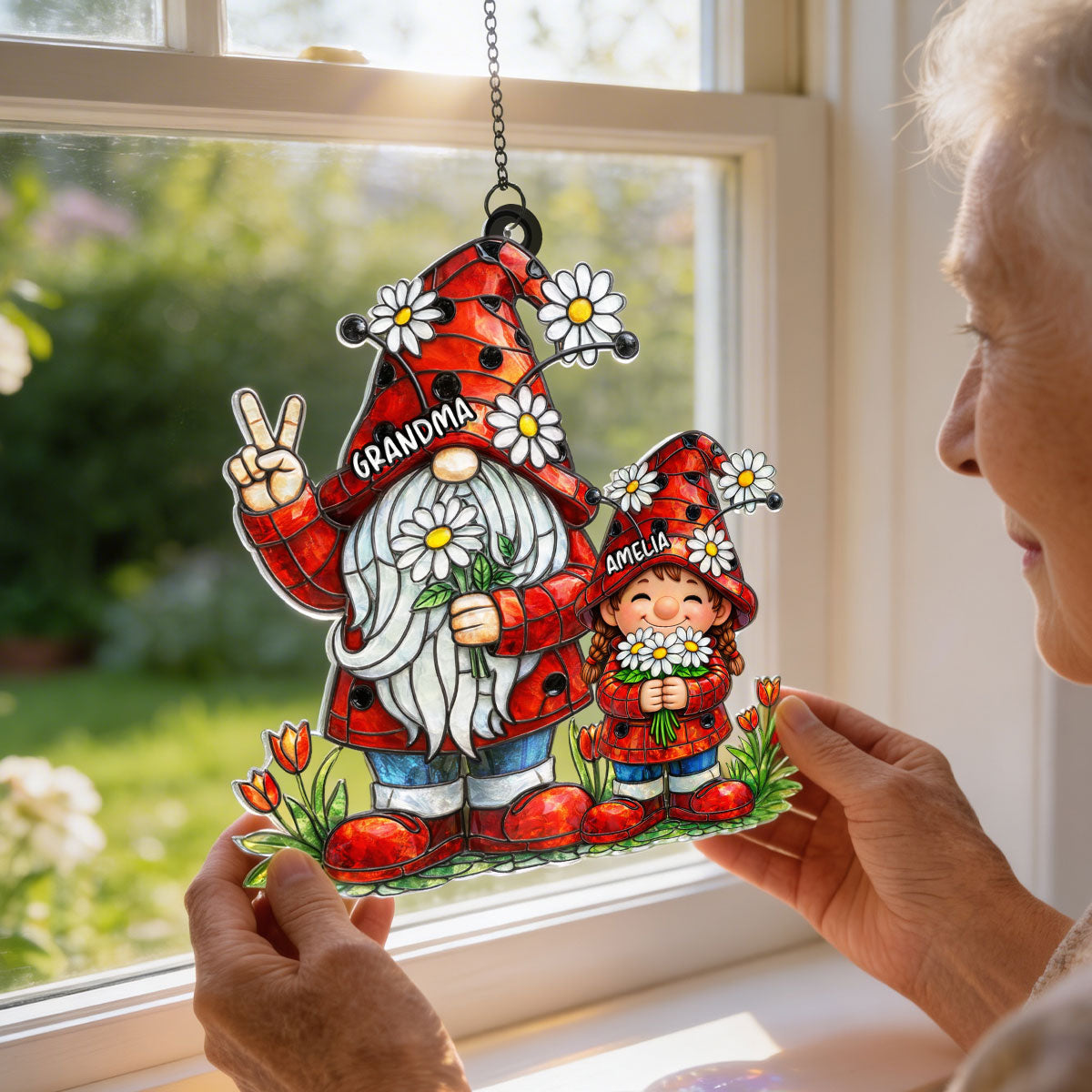 Grandma Grandkids Gnome Daisy Flowers - Personalized Suncatcher - Gift For Grandma